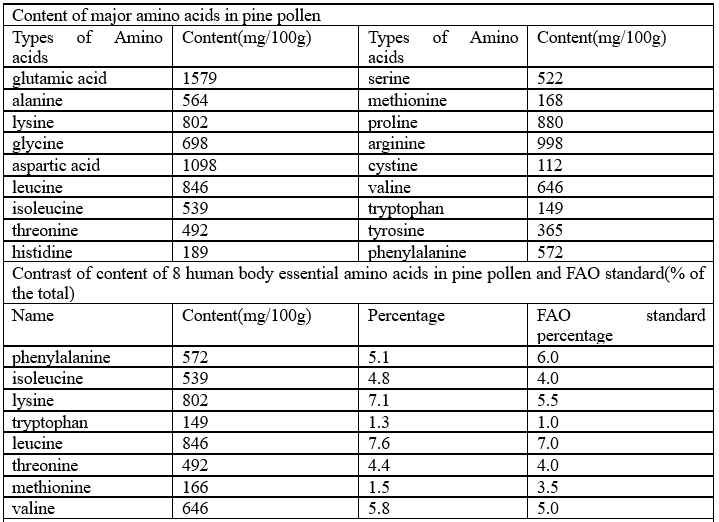 Amino acids content in pine pollen